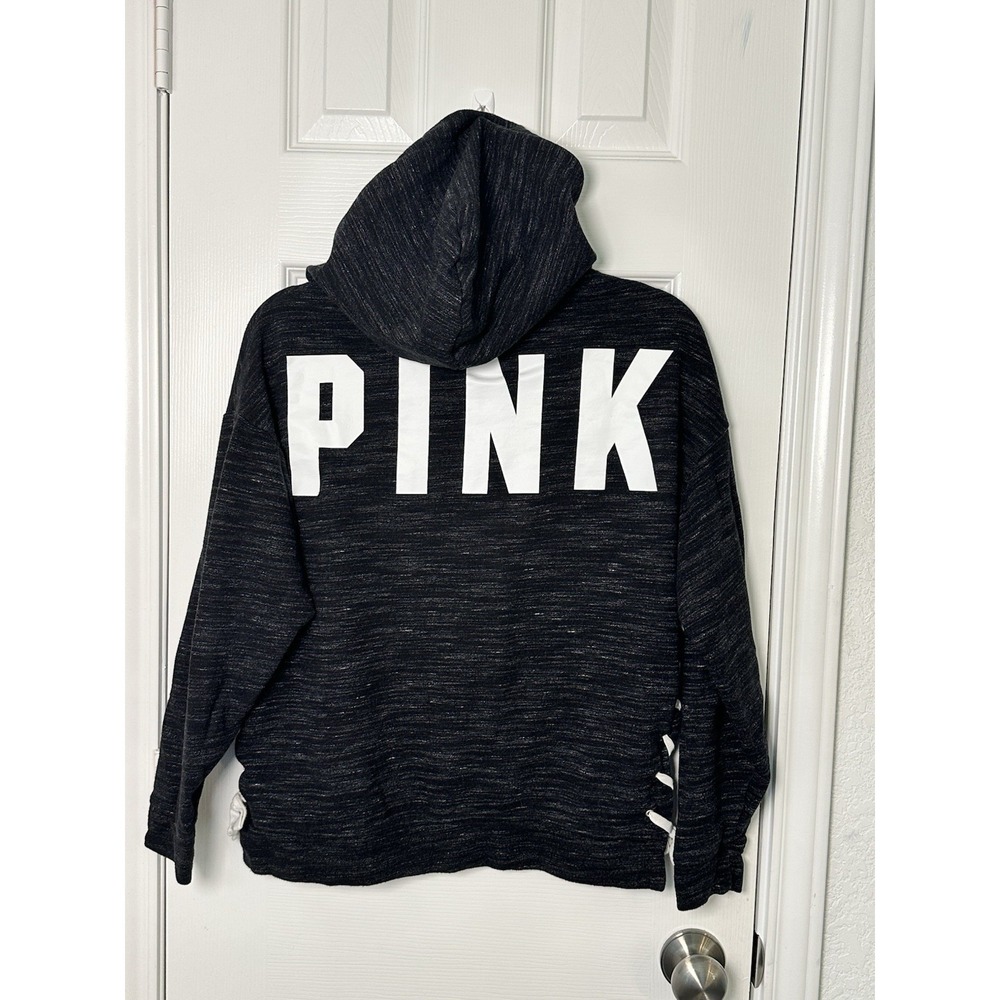 Victorias Secret Pink Womens Small Pullover Hoodie Sweatshirt Side Lace Up Black